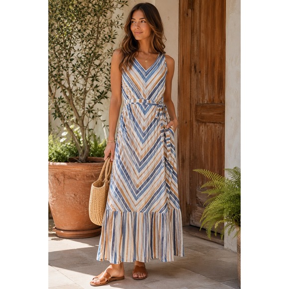 CHARLIE B Dresses & Skirts - Charlie B Striped 100% Linen Maxi Dress Medium Sleeveless Blue Tan Tie Wasit